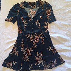 Button Up Mini Velvet Floral Blue Dress